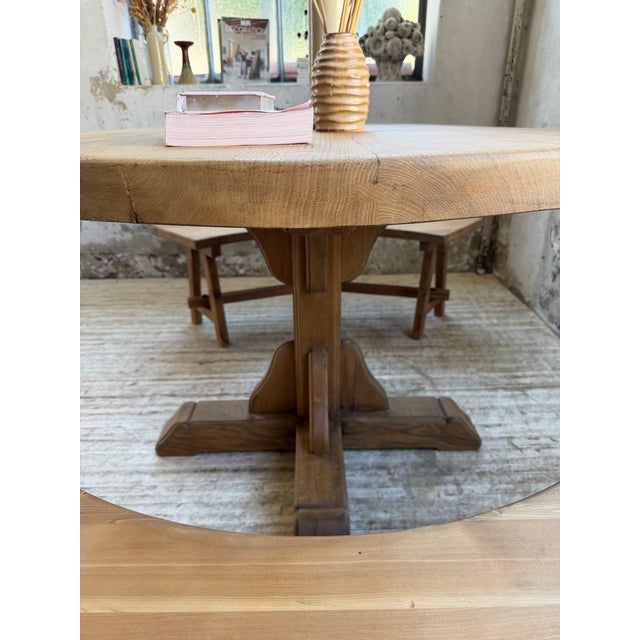Vintage Round Oak Table and Benches, 1950s, Set of 3 For Sale - Image 9 of 18
