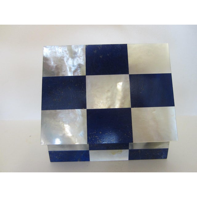 Arts & Crafts Lapis Lazuli Intarsia Mother of Pearl Vintage Jewelry Box For Sale - Image 3 of 14