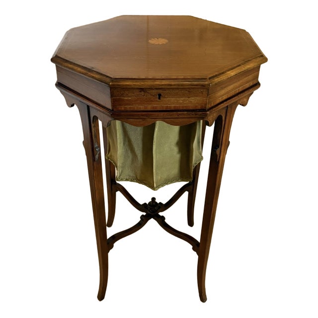 Antique Edwardian Inlaid Mahogany Octagonal Side Table with Silk Basket, 1900 For Sale