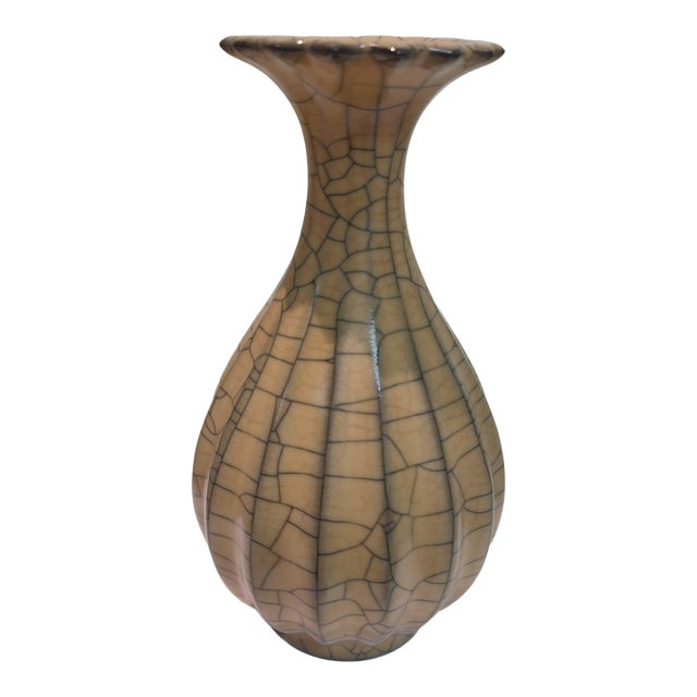 Chinese Ceramic Vase Hand Carved Ge Ware Crackle Glaze Celadon Yuhuchun Vase For Sale