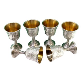 Silver Goblets with Chiseled Reliefs and Gold Interior, Set of 6 For Sale