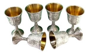 Silver Goblets with Chiseled Reliefs and Gold Interior, Set of 6