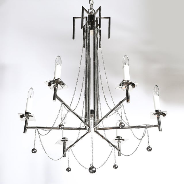 Modernist Polished Nickel Six Arm Chandelier W/ Chain & Spherical Detailing For Sale - Image 14 of 14