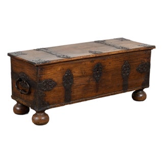19th Century Flat Top Pine Trunk With Wrought Iron Details, Sweden For Sale