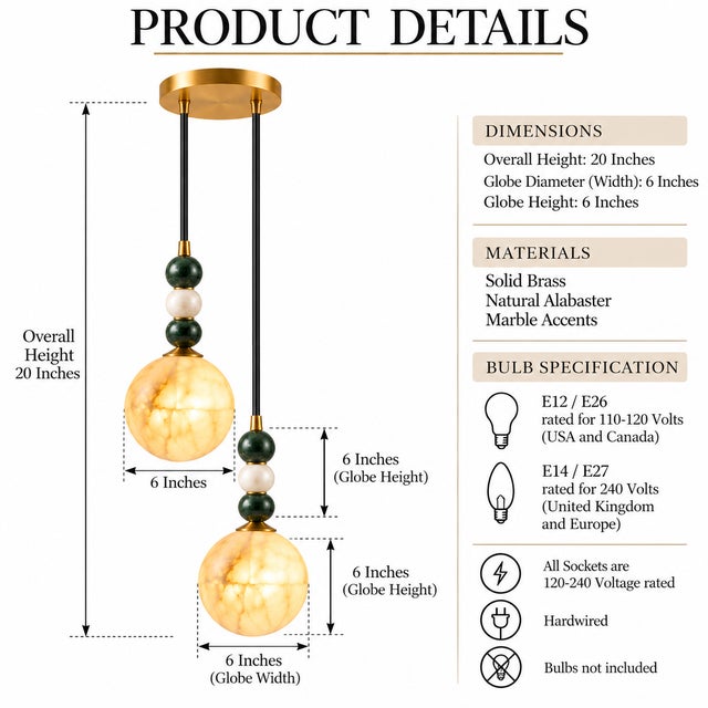 Handcrafted Brass 2-Light Pendant With Natural Alabaster Globe Shades, Dining & Kitchen Island Light For Sale - Image 6 of 7