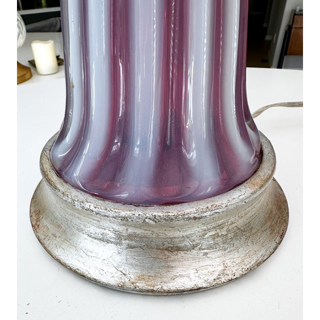Large Raspberry Lavender Opaline Murano Glass Ribbed Table Lamp by Barovier For Sale - Image 13 of 16
