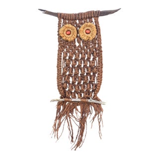 Owl Driftwood and Woven Fiber Art For Sale