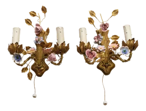 1950s Italian Gilded Tole Leaves and Enameled Flowers Sconces - a Pair