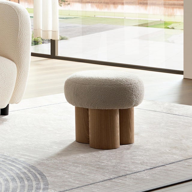 Modern Boucle Greige Ottoman With Solid Wood Legs - Brand New For Sale - Image 4 of 12