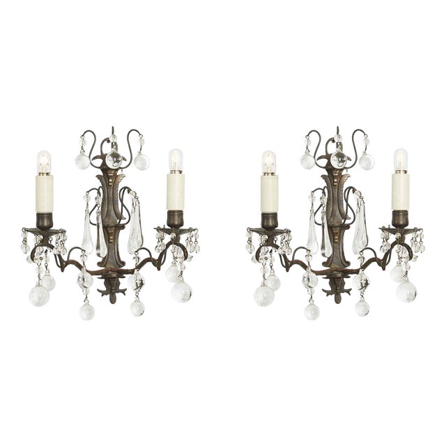 Brass and Crystal Wall Lights, 1900s, Set of 2 For Sale