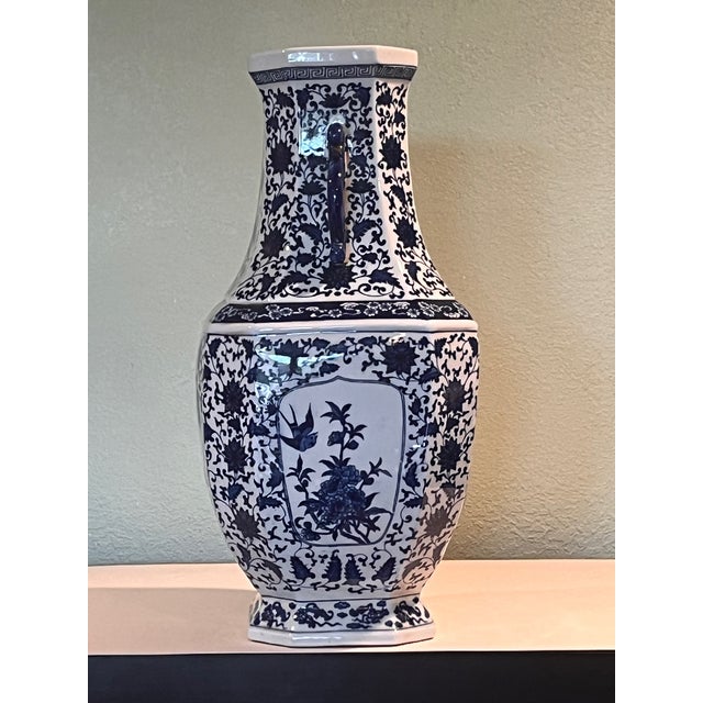 Late 20th Century Large 18" Chinese Blue & White Hexagonal Porcelain Vase Bird Floral Qianlong Mark For Sale - Image 6 of 8