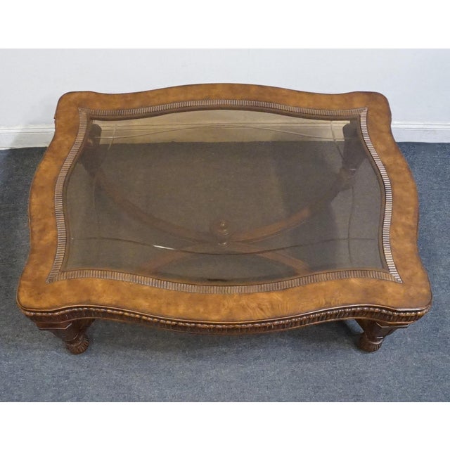 Early 21st Century Drexel Heritage Talavera Collection Walnut Contemporary Spanish Mediterranean 52" Accent Glass-Topped Coffee Table 532-107 For Sale - Image 5 of 10