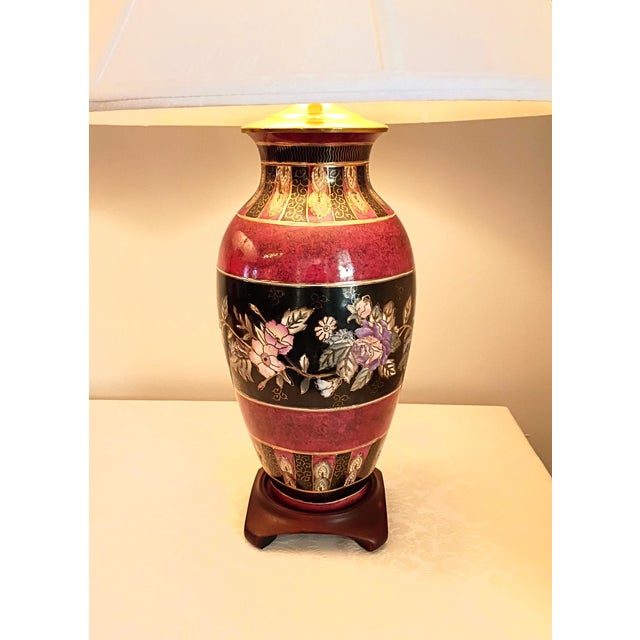1980s Wescal Lamp Company Burgandy and Black Chinoiserie Table Lamps Set of Two W/ Imperial Pagoda Shades For Sale - Image 4 of 17