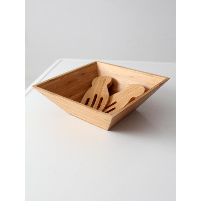 Vintage Bamboo Salad Serving Bowl With Hand Shaped Serving Utensils For Sale - Image 4 of 18