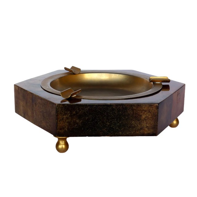 Aldo Tura Italy, 1950 Brown colored parchment ashtray Golden metal details Removable metal saucer Excellent condition...