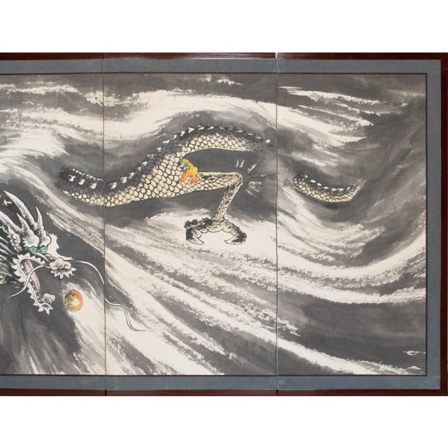 Japanese "Dragon", 1970s Chinese 4-Panel Painted Folding Screen For Sale - Image 3 of 17