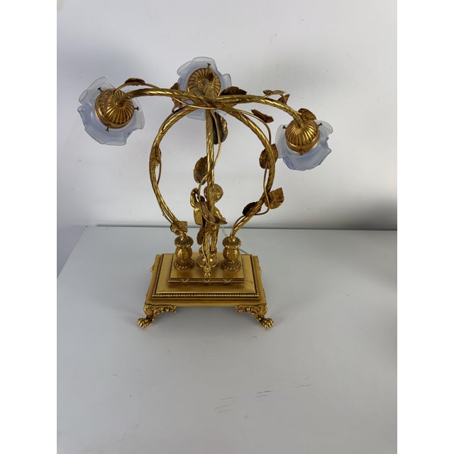 Metal Large Italian Art Nouveau Three-Light Table Lamp in Gilded Bronze and Murano Glass, 1980s For Sale - Image 7 of 15