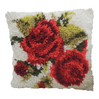 Mid 20th Century Red Floral Green Leaf Design Tufted Throw Pillows For Sale