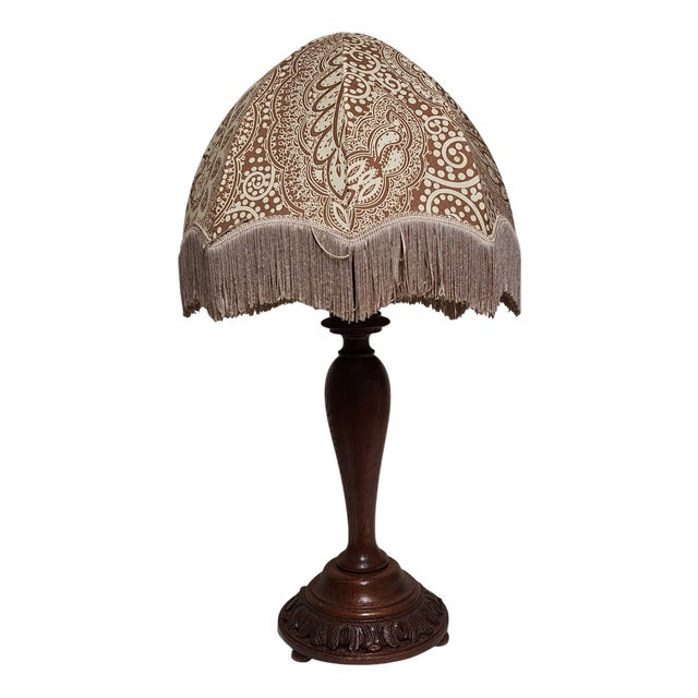 Art Deco German Table Lamp with Oak Base and Fabric Shade,1930s For Sale