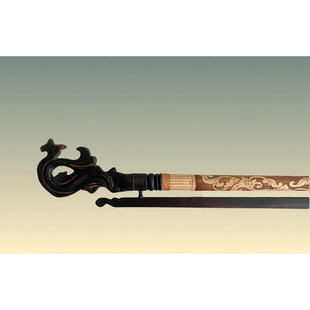 Wood Vintage Balinese Carved Fruitwood and Bamboo Fabric / Tapestry Wall Hanger, Indonesia For Sale - Image 7 of 9
