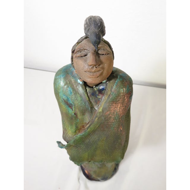 Vintage Signed 18" Raku Art Pottery ~ Native American Woman W/ Crow on Her Head ~ Figural Ceramic Sculpture For Sale - Image 15 of 18