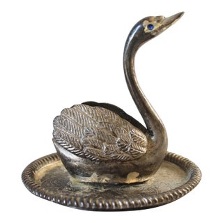 Vintage Silver-Plated Metal Swan Ring Holder / Trinket Dish For Sale