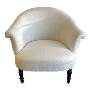 Early 20th Century Small Antique French Armchair on Casters Newly Upholstered in a Pindler Washed Linen For Sale