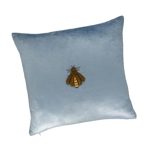 Contemporary Cerulean Bee Silk Velvet Embroidered Throw Pillow Cover, 20 X 20 For Sale - Image 3 of 7