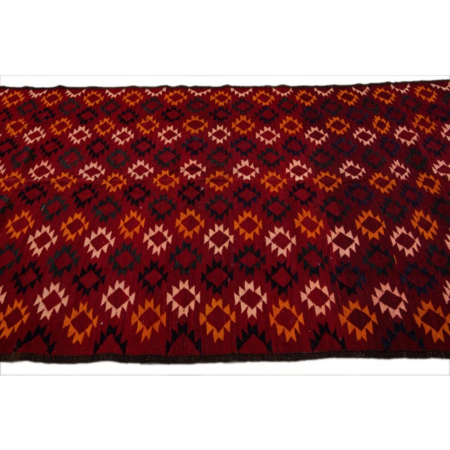 Vintage Kilim Handmade Flatweave Geometric Red Wool Runner For Sale In New York - Image 6 of 10
