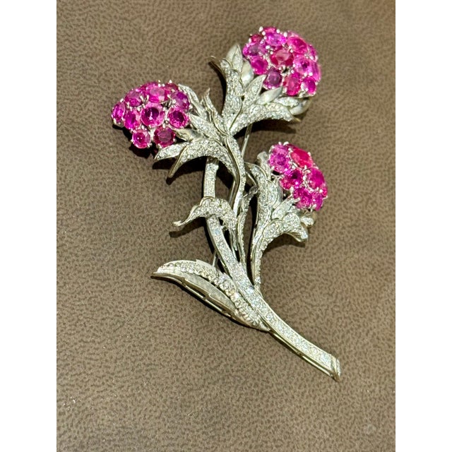Vintage 14 Kt White Gold Diamond & 18 Ct Pink Sapp Floral Bouquet Broach 30.4 GM For Sale In New York - Image 6 of 18
