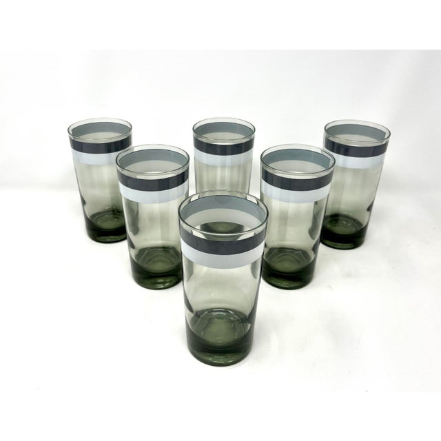 Op Art Mid 20th Century Mid Century Modern Green Tint Striped Highball Cocktail Glasses, Mod Op Art - Set of 6 For Sale - Image 3 of 9