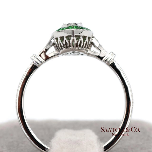 18k (750) White Gold Natural Diamond and Tsavorite Marquise Milgrain Ring, Size 6.5 For Sale - Image 9 of 12