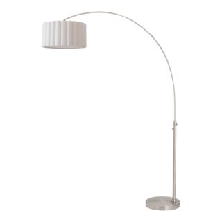 1960s Scallop 92" Arc Floor Lamp - Satin Nickel Finish, White Linen Shade, Modern Design For Sale