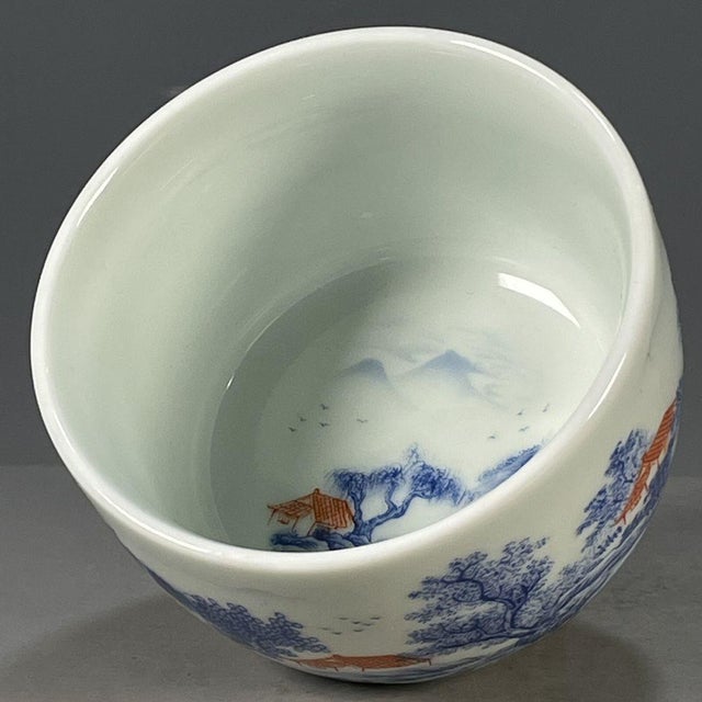 Late 20th Century Chinese Blue & White Porcelain Master Tea Cup With Landscape Scene For Sale - Image 4 of 9