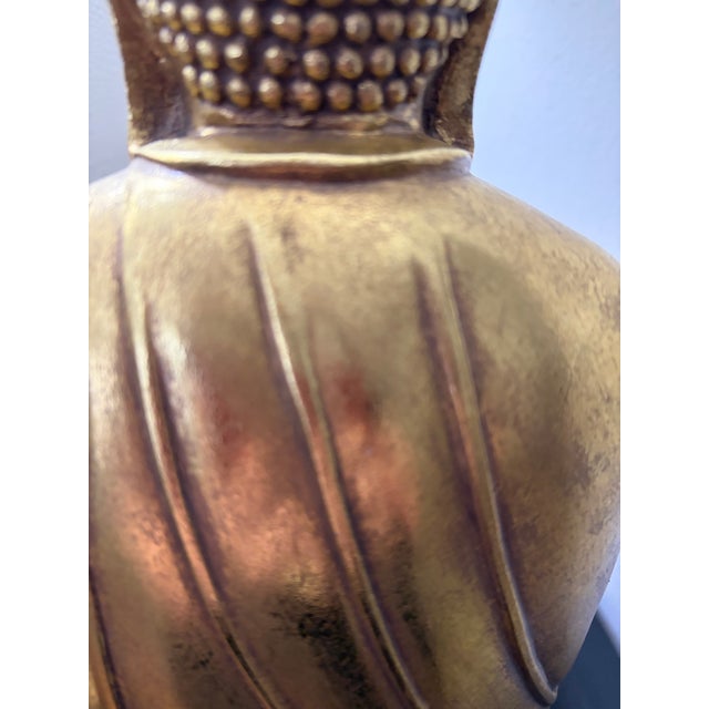 1980s Ceramic Gold Tone Sitting Buda Statue on Wood Base For Sale - Image 5 of 11