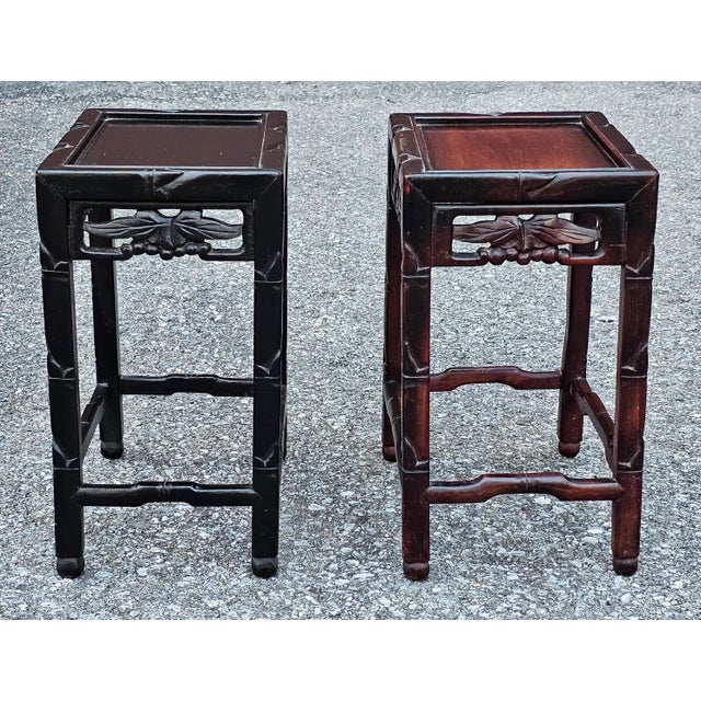 Chinese Pair of Chinese Ming Style Dark Stained Side Tables For Sale - Image 3 of 12