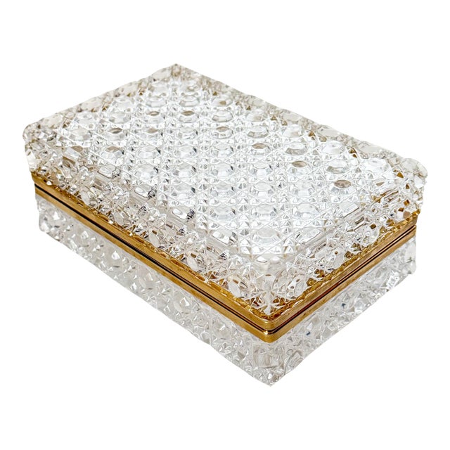 Vintage Crystal Glass Casket Box With Brass Trim For Sale