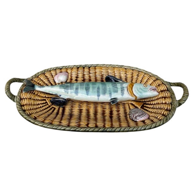 Colorful Palissy Majolica wall fish Handled platter signed Hippolyte Boulenger Choisy le Roi, circa 1880. Shells and...