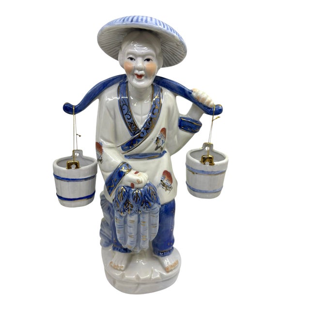 Late 20th Century Blue and White Asian Man and Woman Fishing Statues- A Set For Sale - Image 5 of 12