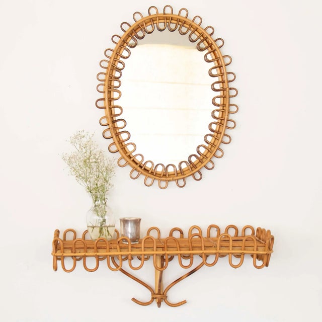 Unique vintage rattan wall console from Italy, 1960's. Rectangular shelf with rattan slats with lovely loop detail around...