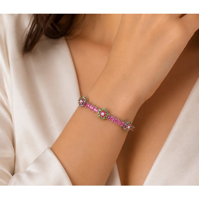 Art Deco Late 20th Century 18K White Gold Pink Sapphire Green Garnet Diamond Bangle Bracelet For Sale - Image 3 of 3
