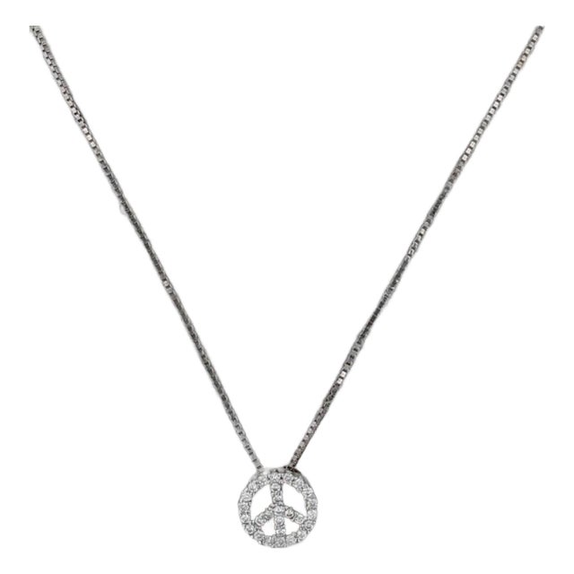 0.16ctw Diamond Peace Sign Pendant Necklace 14k White Gold 17.5" Box Chain For Sale