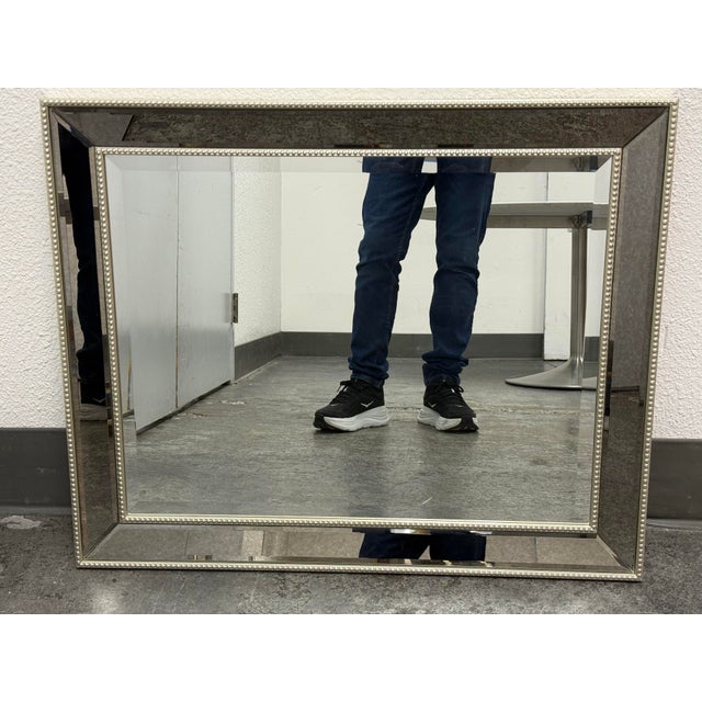Hollywood Regency Style Silver Beaded Framed Wall Mirror For Sale - Image 4 of 12