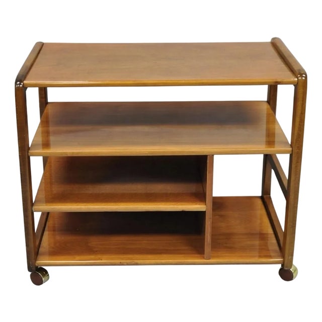 Vintage Mid Century Modern Lacquered Cherry Wood Rolling Cart Tv Stand Shelf For Sale