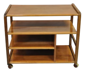 Vintage Mid Century Modern Lacquered Cherry Wood Rolling Cart Tv Stand Shelf
