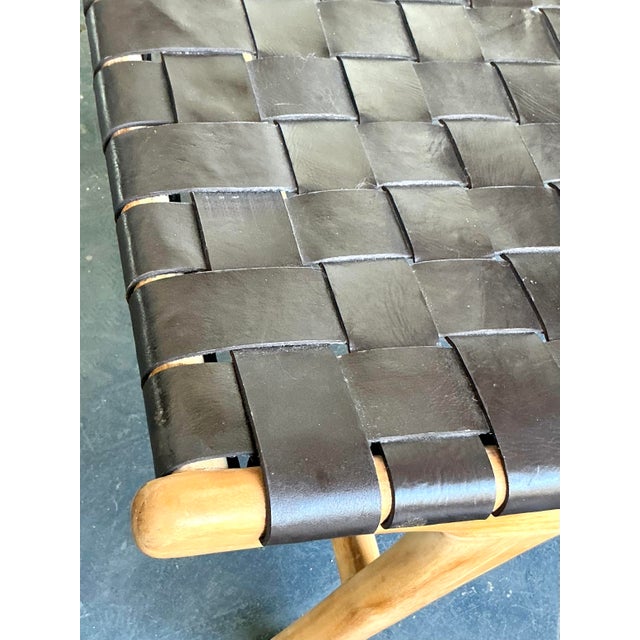 Wood Vintage Boho Woven Leather Lounge Chairs - A Pair For Sale - Image 7 of 11