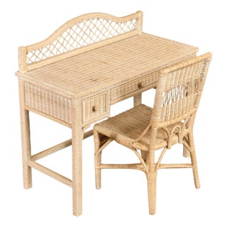 Lexington Henry Link Wicker Vanity Or Writing Desk and Chair For Sale