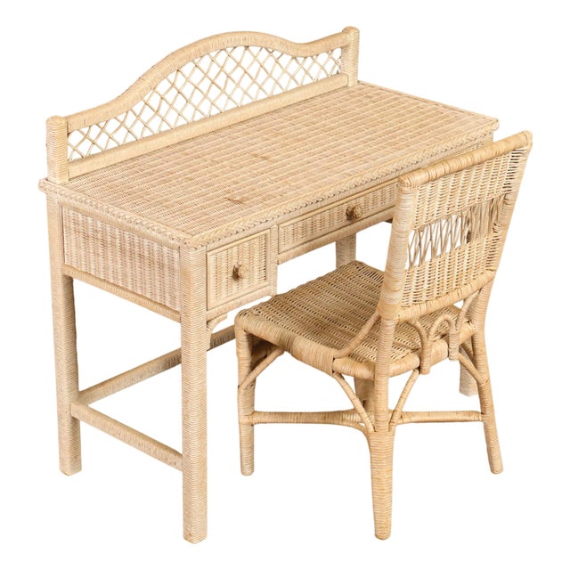 Lexington Henry Link Wicker Vanity Or Writing Desk and Chair For Sale