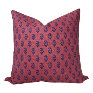 Rajmata Floral Linen Pillow Cover in Raspberry Indigo, 22x22 Pillow For Sale
