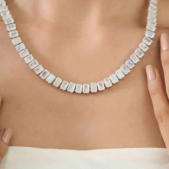 White 85.1 Ct Natural Moonstone Handcrafted Tennis Necklace With Drop Earrings Set - 3 Pieces For Sale - Image 8 of 15